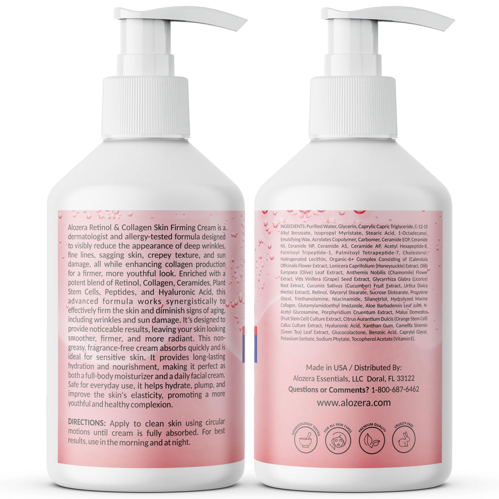 Alozera Skin Firming Retinol Collagen Face & Body Lotion with Stem Cells for Aging Skin and Wrinkles, Non-Greasy, Lightweight Moisturizer, Fragrance-Free, 16.9 oz (2-Pack)