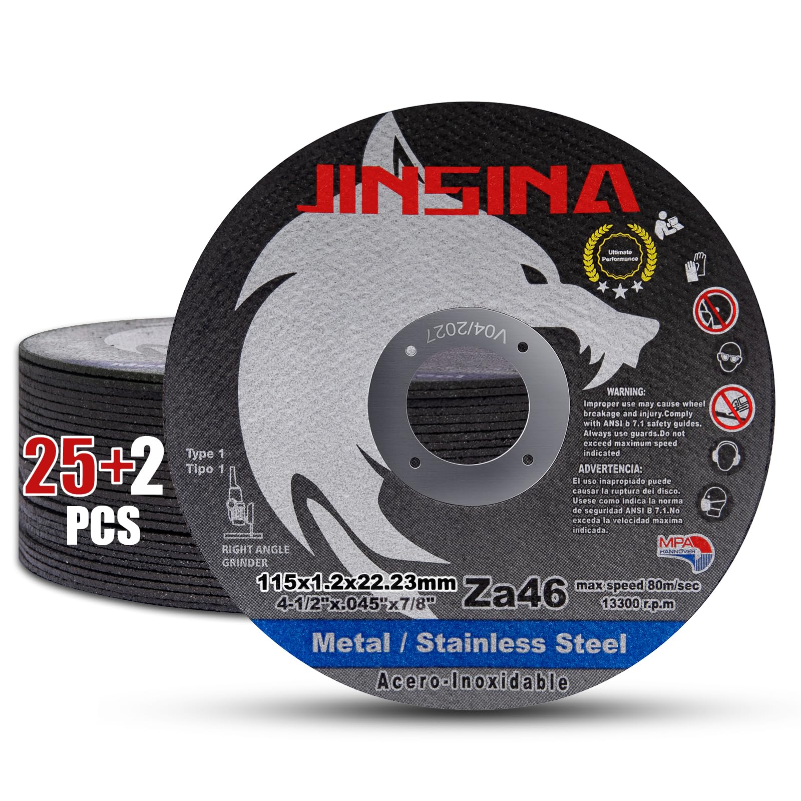 JINSINA Cut Off Wheels 27 PCS, 4 1/2 Inch Metal and Stainless Steel Cutting Wheel, Fast Cutting Disc for Angle Grinder (4-1/2 x .045 x 7/8inch) 25+2pcs