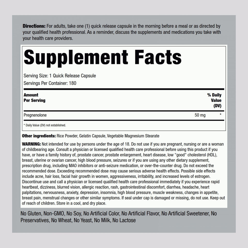 Piping Rock Pregnenolone 50 mg | 180 Capsules | Hormone Support Supplement