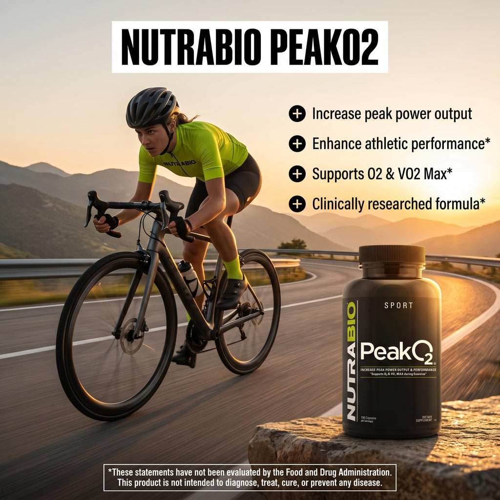 NutraBio PeakO2 Workout Supplement, 180 Capsules - Mushroom Blend Supplement to Help Enhance Athletic Performance and Overall Health, 60 Servings