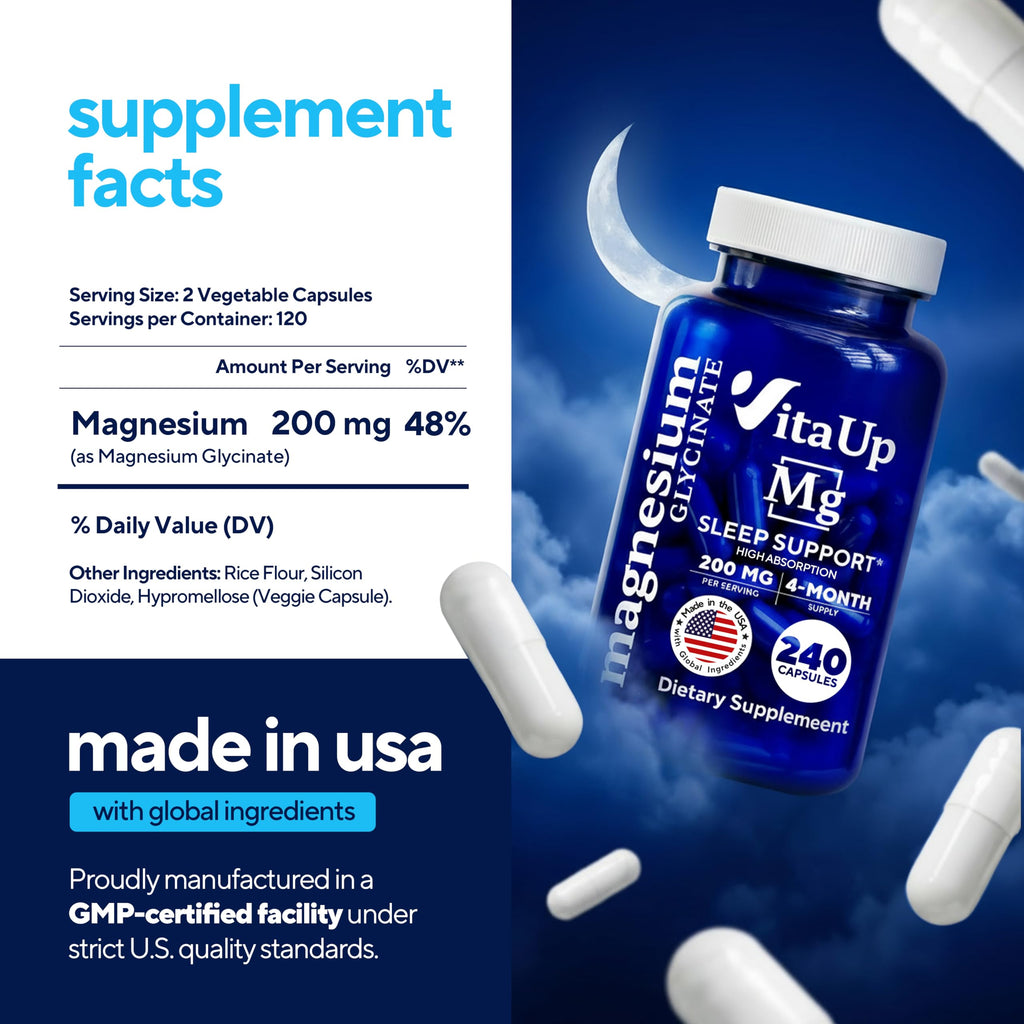 VitaUp Magnesium Glycinate 200mg - USA Made, Highly Absorbed, Non-GMO Magnesium for Relaxation, Deep Sleep, Bones & Heart - 200mg per Serving, 120 Vegan Capsules