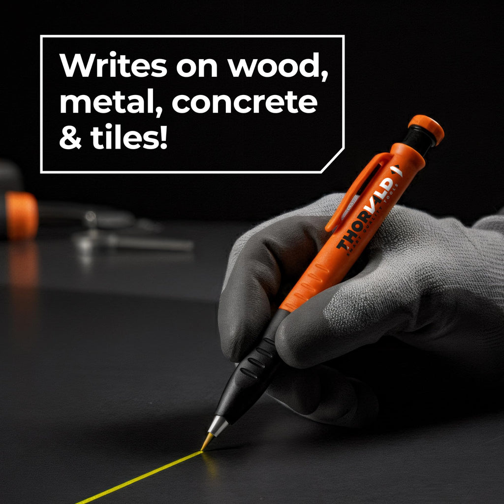 THORVALD New 3-in-1 Carpenter Pencils with Finger Grip for Construction - Incl. 7 Leads + Sharpener - Solid Mechanical Pencils with Fine Point/Best Marking tools Construction/Carpenters/Scriber