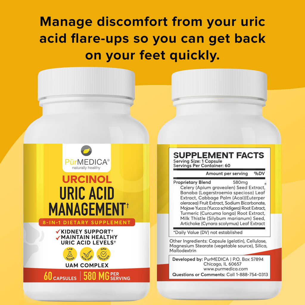 PurMEDICA Urcinol Uric Acid Supplement for Joint Support - 60ct (Pack of 1) - Uric Acid Support Formula with Turmeric Root, Acai, Banaba Leaf, Celery Seed, Yucca Stalk