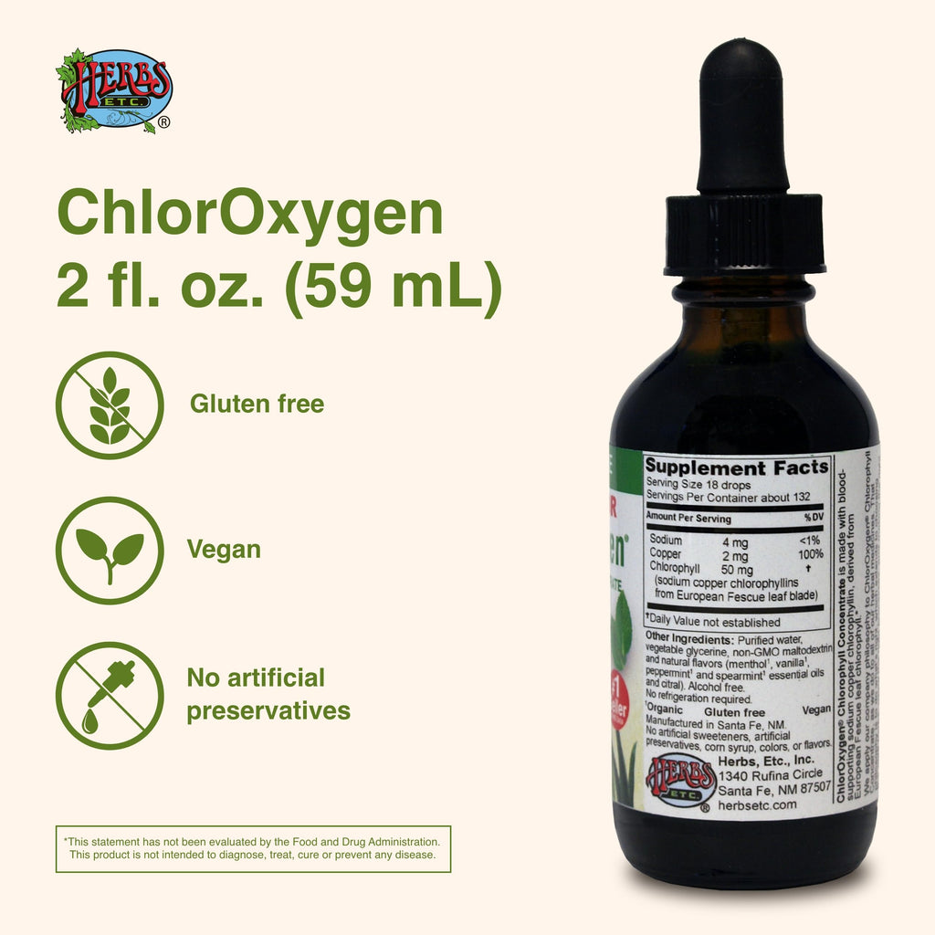Herbs Etc. ChlorOxygen Chlorophyll Concentrate - Highly-Concentrated Energy Support - Aids Healthy Blood Circulation - Natural Vitality Support - Alcohol-Free - 2 fl oz (About 132 Servings)