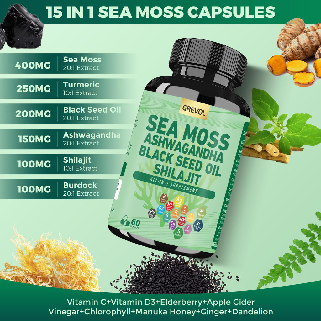 Sea Moss Ashwagandha Shilajit Black Seed Oil, Sea Moss Capsules with Burdock Turmeric Vitamins C & D3 Elderberry Ginger ACV Manuka Dandelion - 60 Count