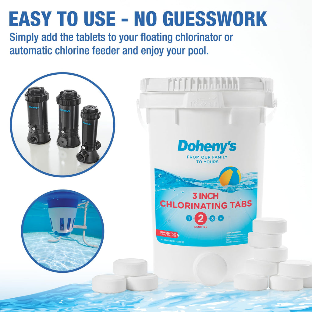 Doheny’s 3-Inch Stabilized Chlorine Tablets for Sanitizing Swimming Pools | 99% Pure Tri-Chlor, 90% Available Chlorine | Long-Lasting, UV-Protected, Slow-Dissolving | Individually Wrapped 50lb Bucket