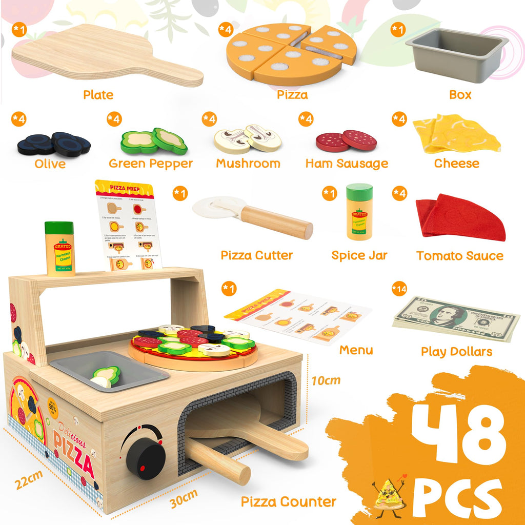 WOODMAM Wooden Pizza Toy, 48 PCS Montessori Pretend Play Food for Ages 3+