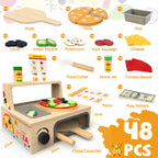 WOODMAM Wooden Pizza Toy, 48 PCS Montessori Pretend Play Food for Ages 3+