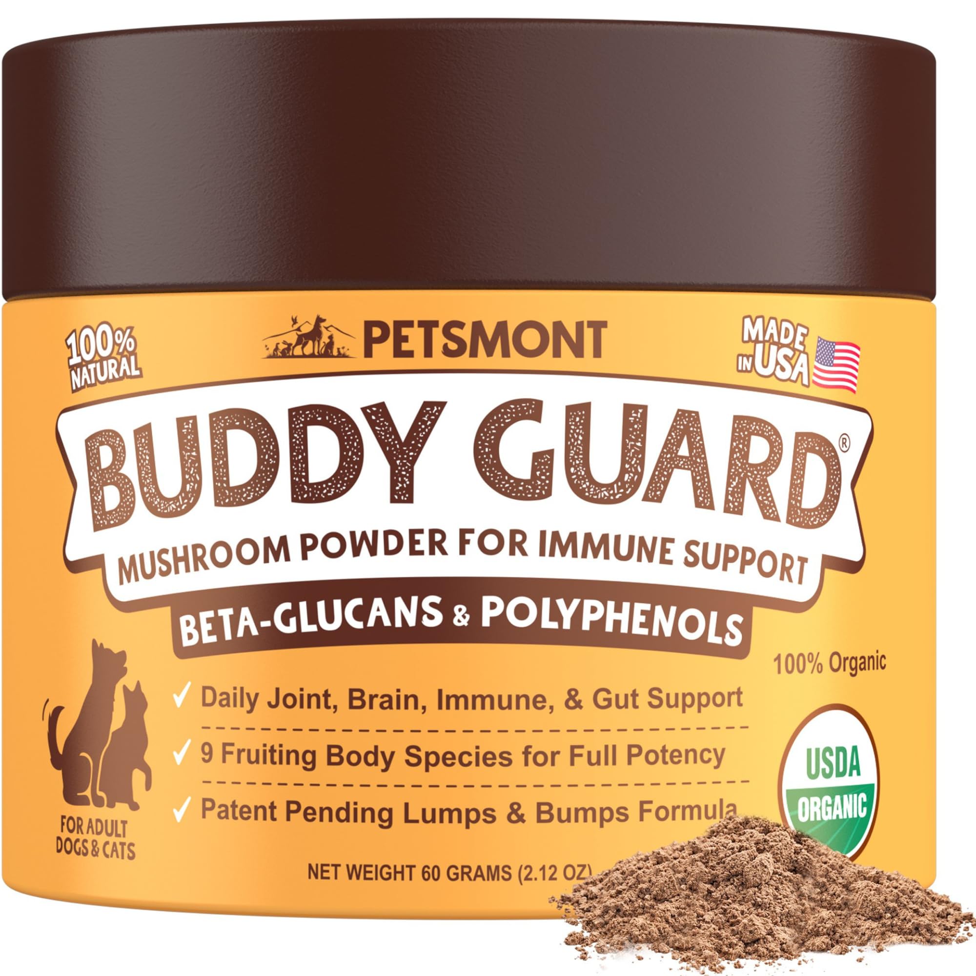 Petsmont Buddy Guard for Lumps and Bumps, Lipoma for Dogs & Cats, Patent Pending Organic 9 Mushroom Powder Blend Natural Dog Probiotic & Immune Support Chaga, Reishi, Lion's Mane, Turkey Tail Mushroom