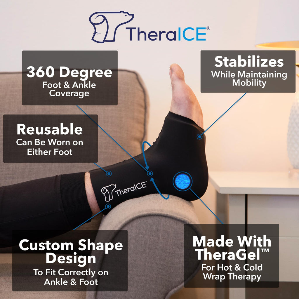 TheraICE Ankle Ice Pack Wrap for Swelling & Sprained Ankle Brace for Women Men, Cold Therapy Foot Heel Spur Support Compression Socks, Plantar Fasciitis & Achilles Tendonitis Sore Feet Pain Relief