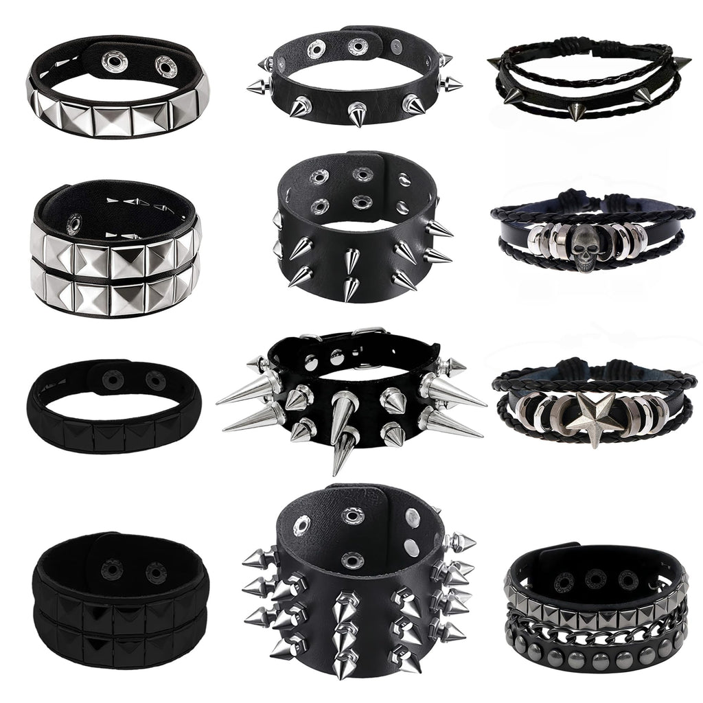 YMO 12 Pieces Spiked Bracelets, Studded Bracelet Emo Bracelets Black Leather Cuff Rivet Gothic Goth Punk Bracelet Punk Accessories for Women Men