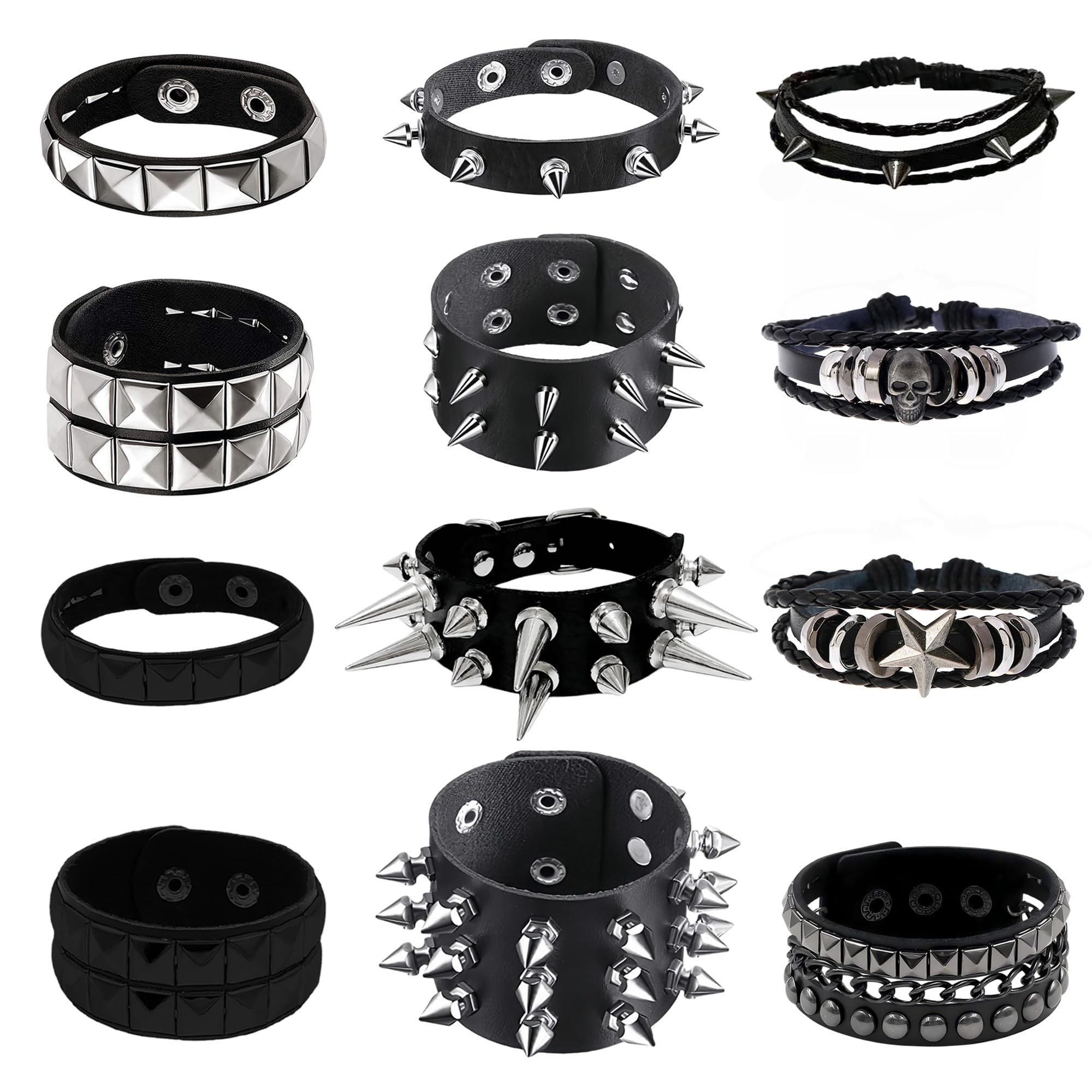 YMO 12 Pieces Spiked Bracelets, Studded Bracelet Emo Bracelets Black Leather Cuff Rivet Gothic Goth Punk Bracelet Punk Accessories for Women Men