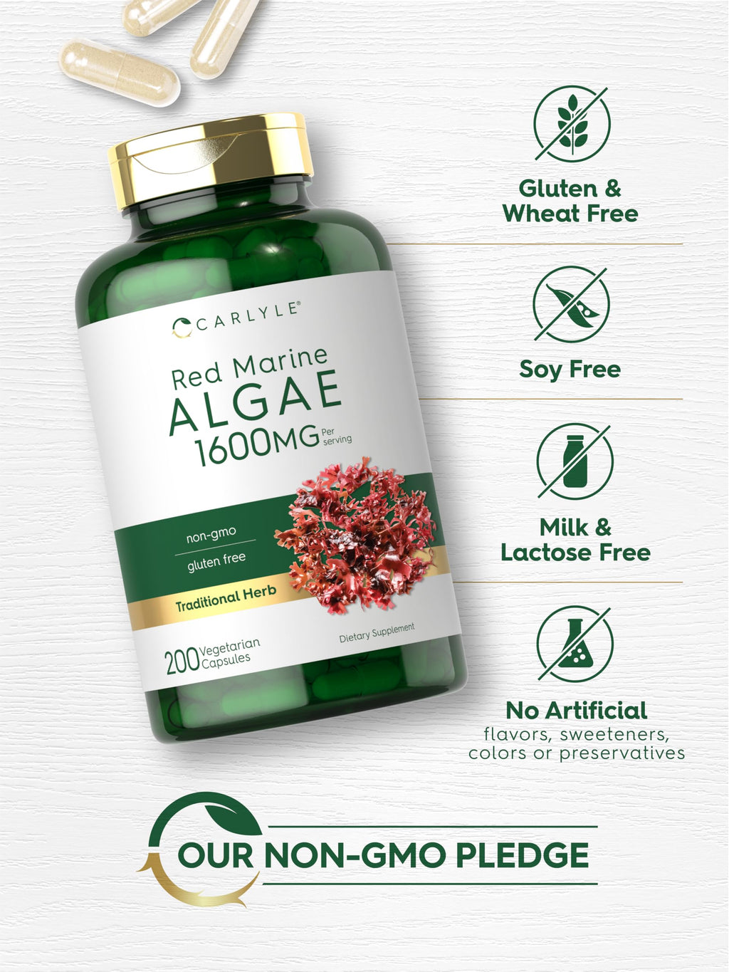 Carlyle Red Marine Algae 1600mg | 200 Capsules | Vegetarian Supplement | Non-GMO, Gluten Free