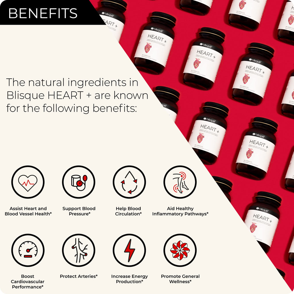 Blisque – Natural Blood Pressure Support Supplement for Heart Health and Circulation | Doctor-Approved | with 200 mg CoQ10, Hawthorn Berry, Beet Root, Turmeric | 90 Capsules