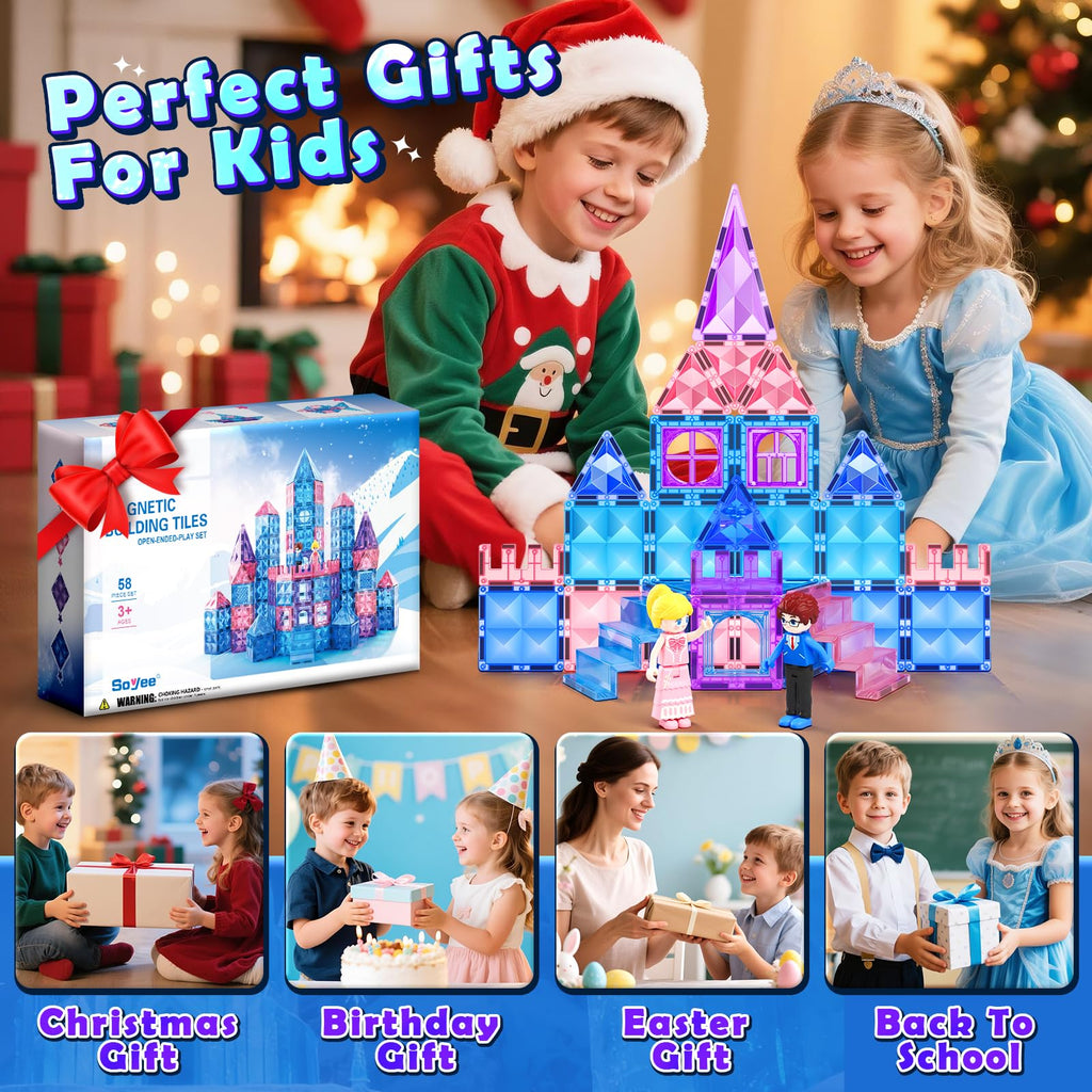 Diamond Magnetic Building Blocks for Kids - Princess Castle Magnetic Tiles Toys for 3-8 Year Old Girls & Boys - 3 4 5 6 Year Old Girl Birthday Xmas Gifts - STEM Educational Toys for Creative Play