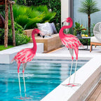 SUNREEK Set of 2 Pink Flamingo Outdoor Statues, Metal Yard Flamingo for Garden Patio Lawn Backyard Decorations