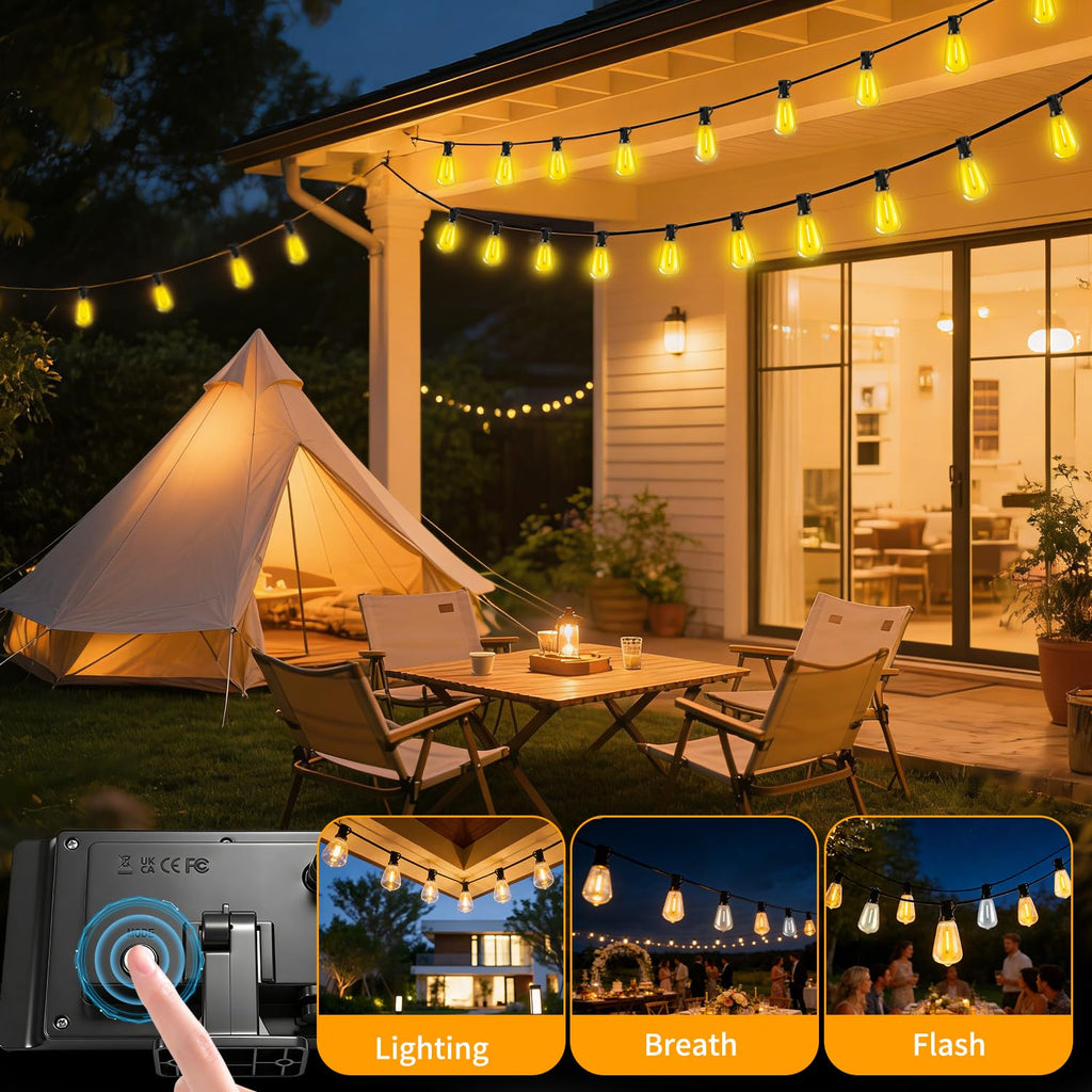 FUANXIEI Solar Lights Outdoor Waterproof: ST38 100FT 30M Shatterproof Bulbs Patio Lights - Solar Powered & USB Charging- Remote Control 3 Light Modes Dimmable Solar Light - Camping Backyard Garden