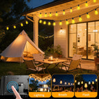 FUANXIEI Solar Lights Outdoor Waterproof: ST38 100FT 30M Shatterproof Bulbs Patio Lights - Solar Powered & USB Charging- Remote Control 3 Light Modes Dimmable Solar Light - Camping Backyard Garden