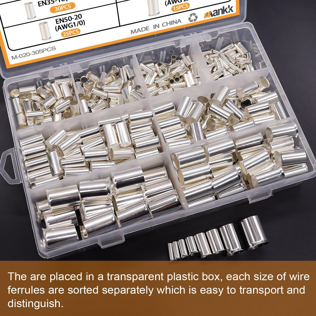 mankk 305 Pcs Wire Ferrules Kits Silver Plated Copper Crimp Terminal Connector 8 Sizes AWG (1/0 2/0 2 4 6 8 10 12) Sleeves Insulated Cord Pin End Terminal