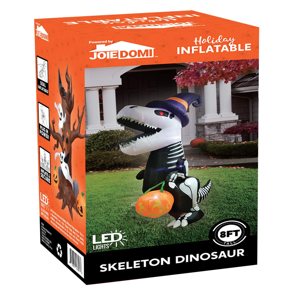 Joiedomi 8 FT Halloween Inflatable Skeleton Dinosaur with Pumpkin & Built-in LEDs, Halloween Blow Up Yard Decorations, Lighted Outdoor Dinosaur Skeleton for Garden, Lawn, Patio & Holiday Outside Decor