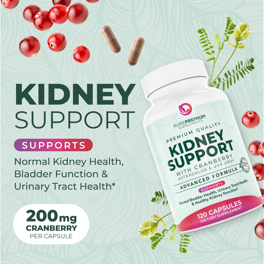PurePremium Kidney Support Supplement – Kidney Cleanse Detox & Repair with Cranberry Extract & Astragalus - 21-in-1 Complex Supports Normal Bladder, Urinary Tract & Kidneys Health - 120 Day Supply