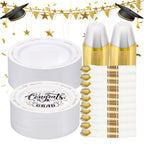 Goodluck 350 Piece Graduation Gold Plastic Dinnerware Set for 50 Guests, Congrats Grad Disposable Plates Include: 50 Dinner Plates, 50 Dessert Plates, 50 Cups, 50 Pre Rolled Napkins with Silverware