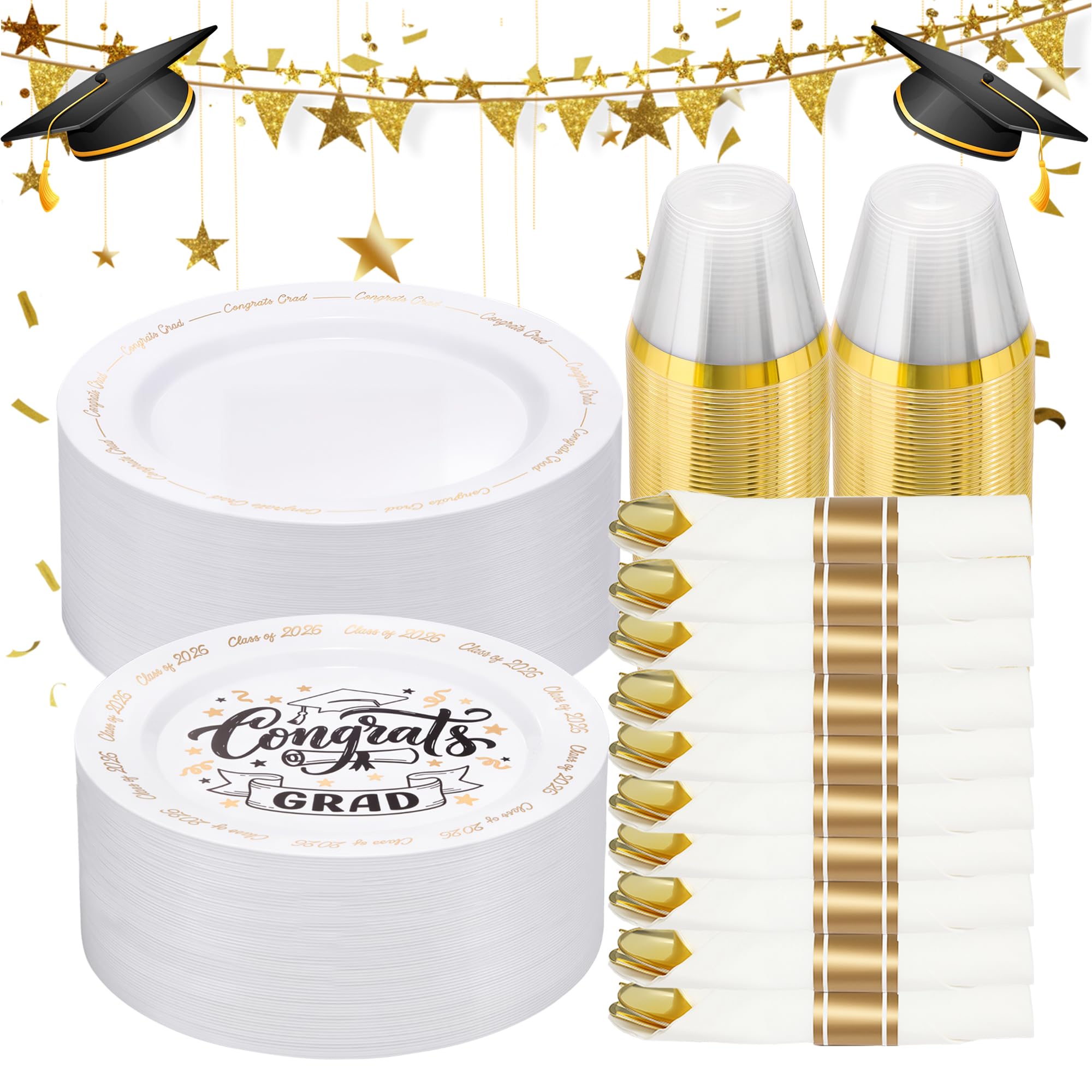 Goodluck 350 Piece Graduation Gold Plastic Dinnerware Set for 50 Guests, Congrats Grad Disposable Plates Include: 50 Dinner Plates, 50 Dessert Plates, 50 Cups, 50 Pre Rolled Napkins with Silverware