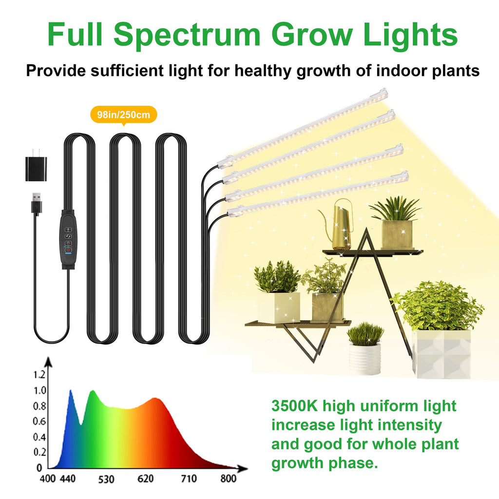 RWNTAO LED Plant Growing Lamp Strips, Full Spectrum 3500K Grow Light for Indoor Plants with 3/9/12H Timer and 10 Dimmable Levels for Green House Hydroponics Succulent, 4 Head 13 Inches