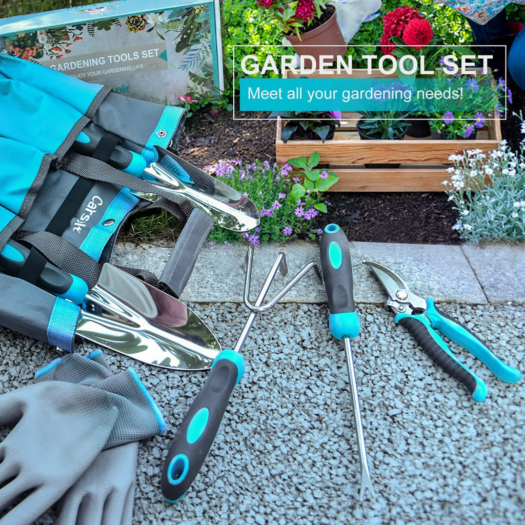 Gardening Tools, Carsolt 10 Piece Heavy Duty Stainless Steel Garden Tools Set with Ergonomic Rubber Handle. Variety of Gardening Hand Tools with Gift Box Ideal Garden Gifts for Women