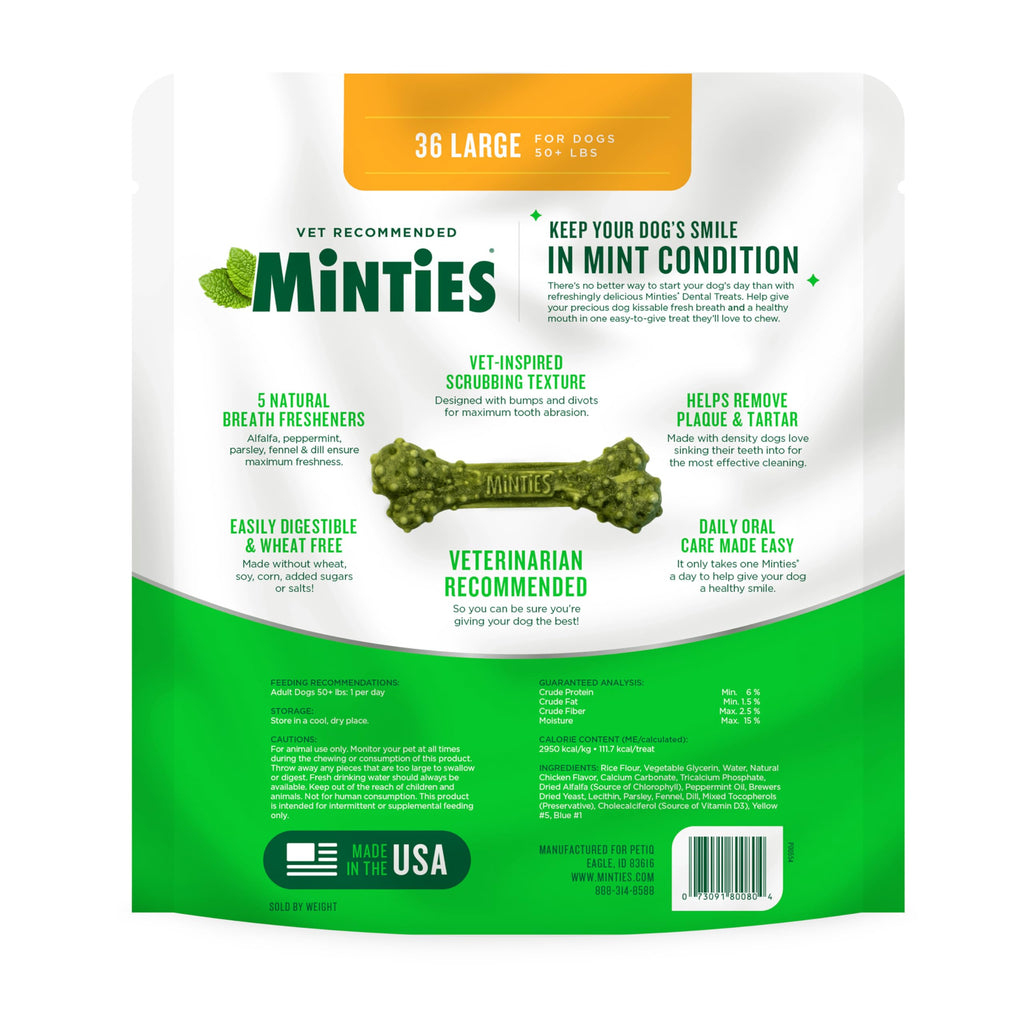 Minties Mint Dental Chews for Dogs, Large Breeds 50+ lbs, 36 Ct