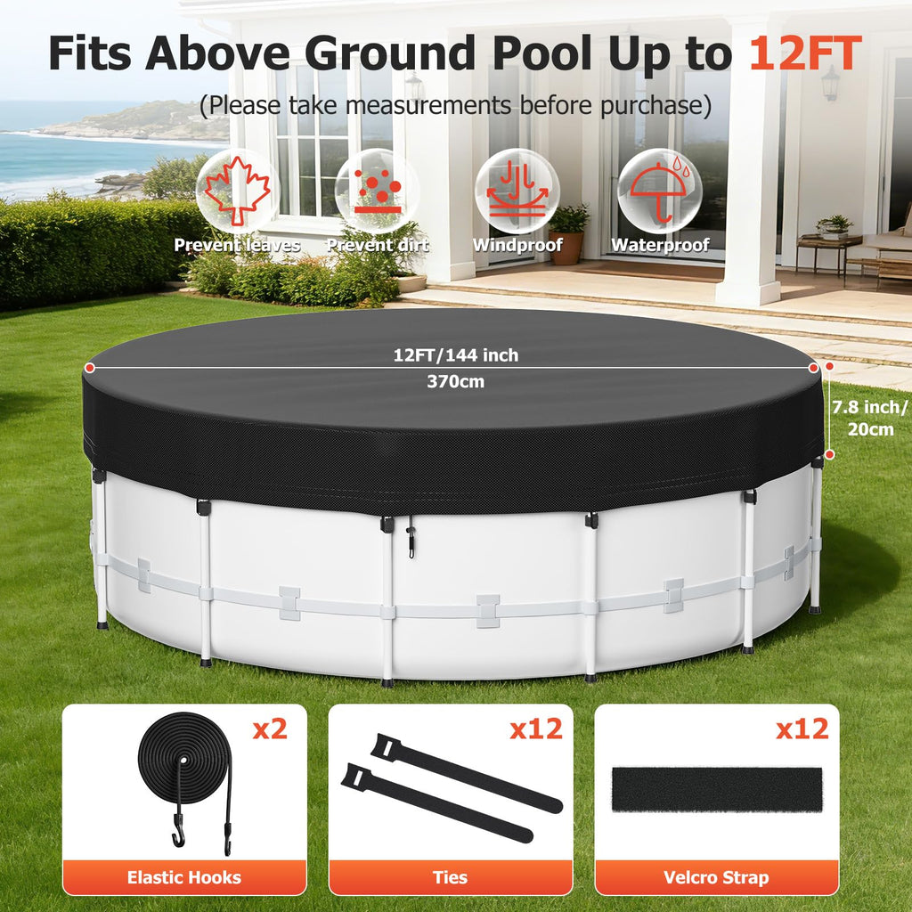 12 Ft Round Pool Cover for Metal Frame Above Ground Pools - Upgraded Windproof Design Compatible with Intex/Bestway Frame Above Ground Outdoor Swimming Pool (Black)