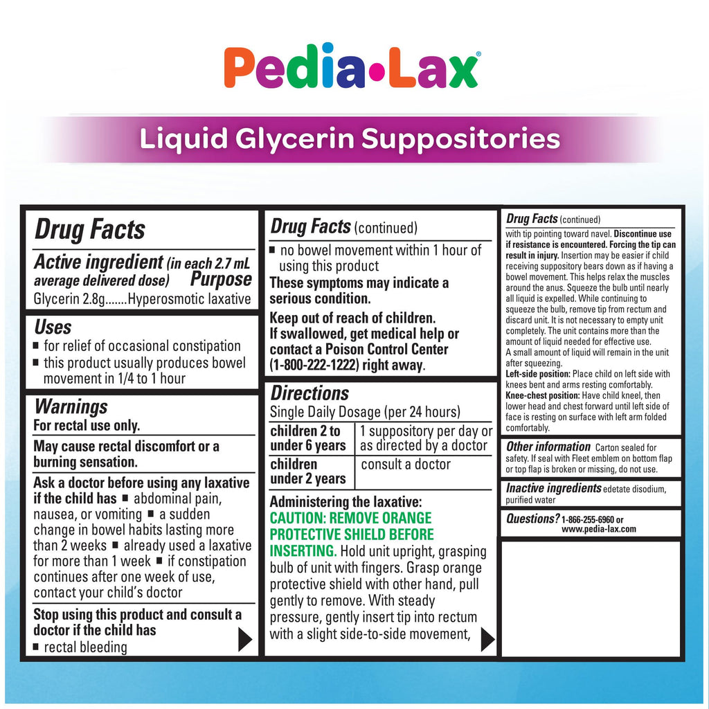 Pedia-Lax Liquid Glycerin Suppositories for Kids Ages 2-5, Gentle Constipation Relief Laxative for Children, 6 Count, Pack of 24