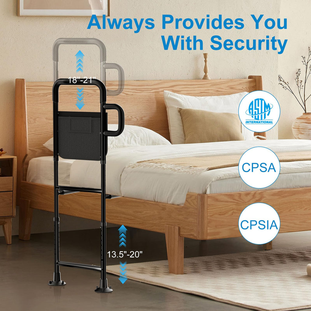 JOYCUDDLE Bed Rails for Elderly Adults Safety - Height Adjustable Bed Assist Rail for Seniors, Stable Bedside Handle with Non-Slip Grip & Pocket, Fits King Queen Full Twin Bed (Black)