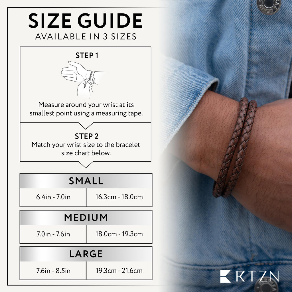 RTZN Brown Leather Bracelet for Men Premium Artisan Handcrafted Double Strand Braided Mens Bracelet (Medium)