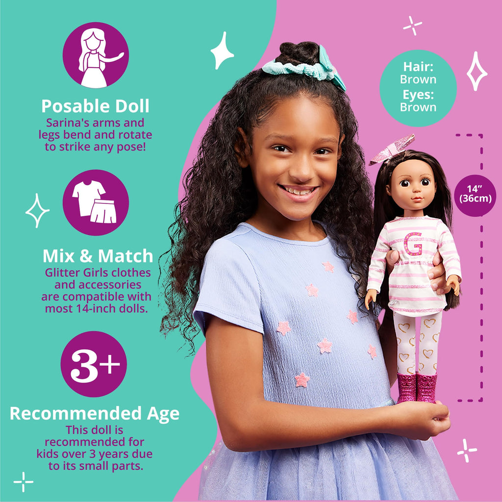Glitter Girls – 14-Inch Fashion Doll – Straight Brown Hair & Brown Eyes – Striped Tunic & Glitter Boots – Hair Bow & Heart Leggings – 3+ Years– Sarinia
