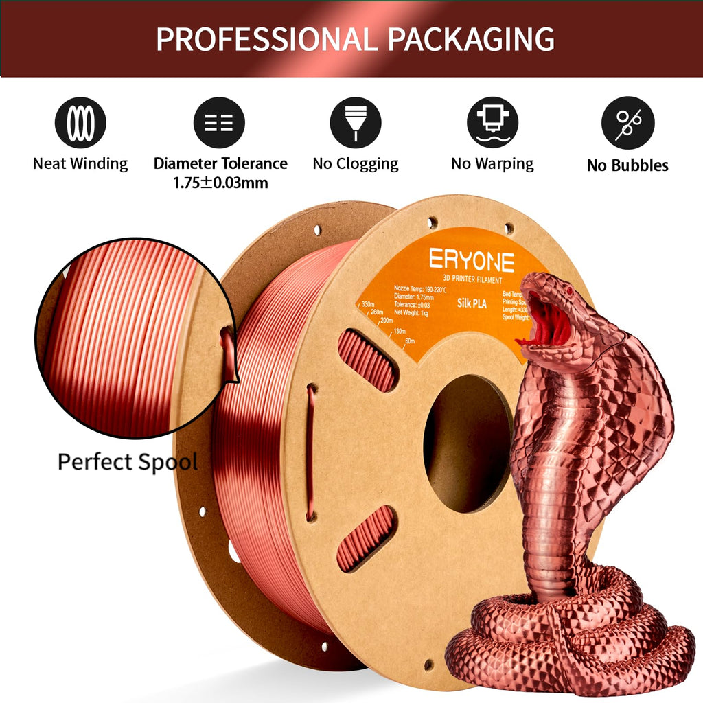 ERYONE Silk PLA Filament for 3D Printer 1.75mm +/- 0.03mm, Shiny Filament 1kg (2.1lbs)/Spool, Silk Copper