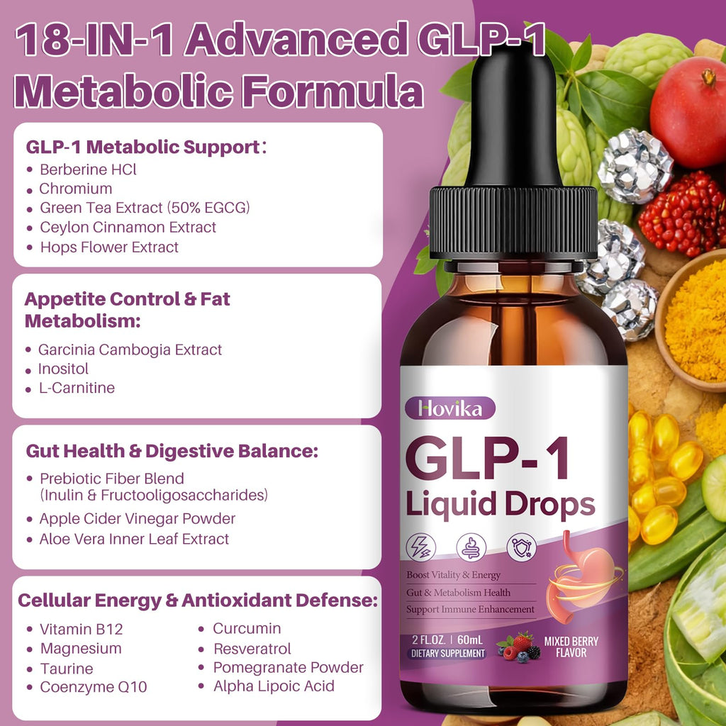 GLP-1 Supplement, GLP-1 Support Liquid Drops with Berberine, Chromium, Ceylon Cinnamon, Green Tea & Hops Flower Extract, GLP-1 Supplement for Gut & Metabolism Health, Vegan, Mixed Berry Flavor 2 Fl Oz
