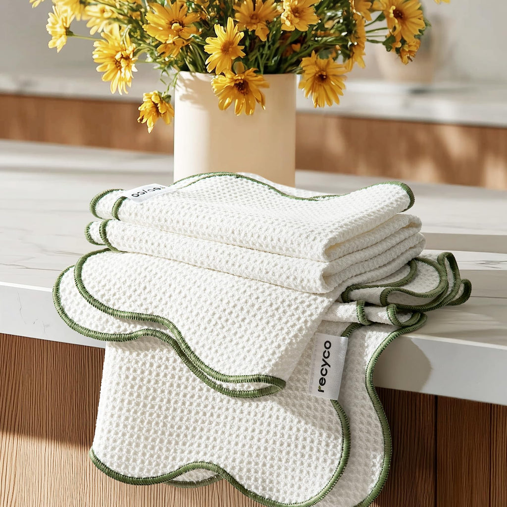 RECYCO Waffle Kitchen Towel Set of 2 - Quick Dry Microfiber Sustainable Dish Towels - Ultra Absorbent Reusable Cleaning Tea Towels - Lightweight Hand Towels,16”x 28”, Lorden Green