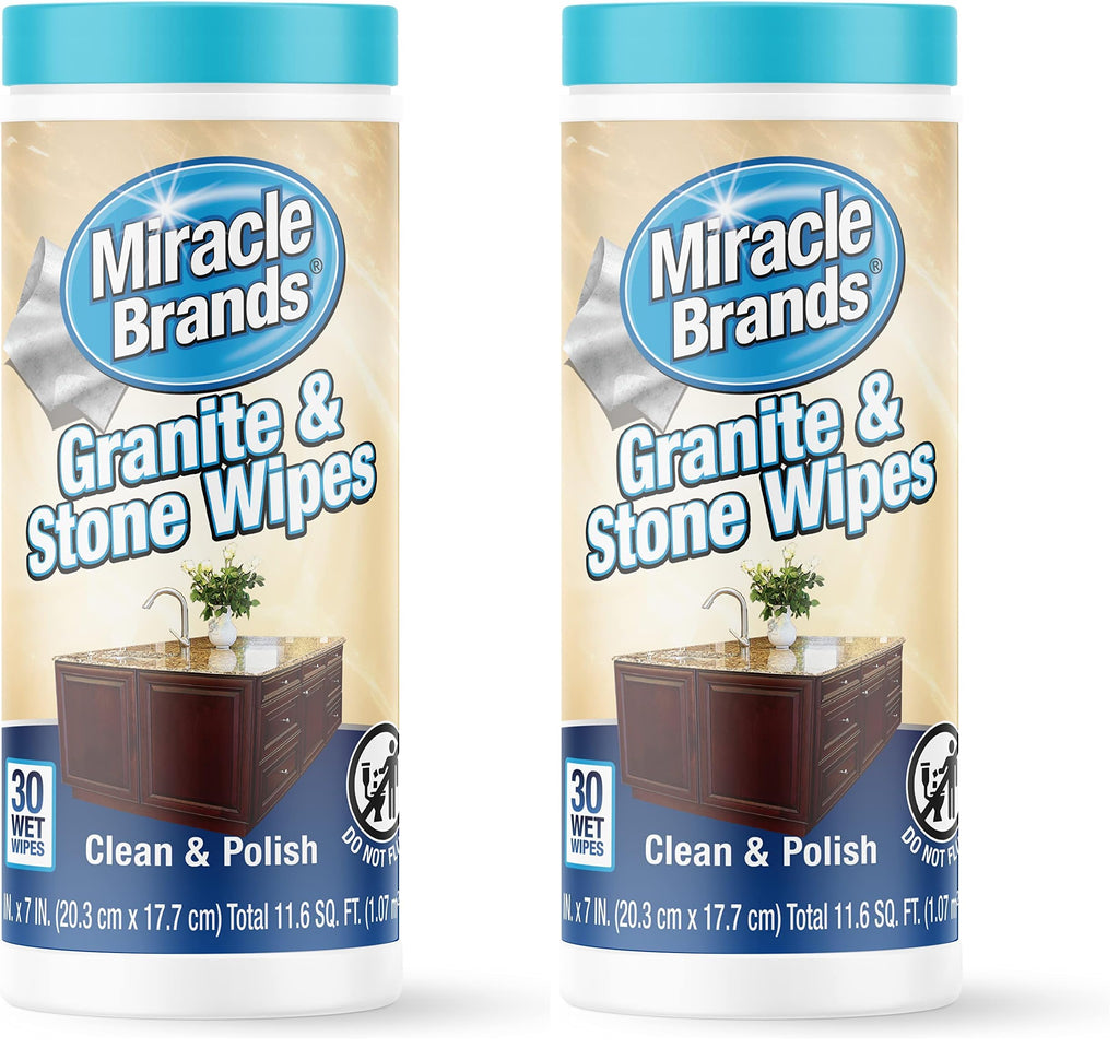 MiracleWipes for Granite & Stone, Clean, Protect, Polish Stone, Marble, Quartz, Slate, Tile, Laminate Surfaces in Kitchen and Bathroom - 30 Count (Pack of 2)