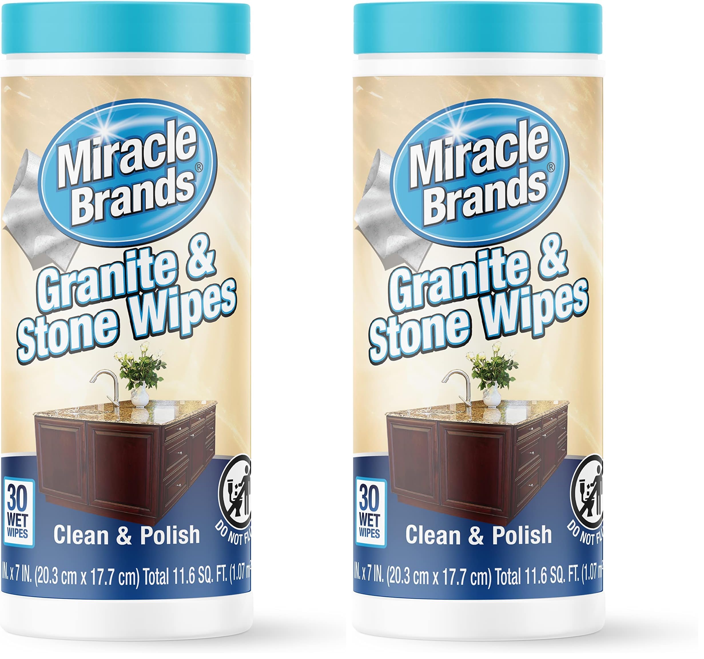 MiracleWipes for Granite & Stone, Clean, Protect, Polish Stone, Marble, Quartz, Slate, Tile, Laminate Surfaces in Kitchen and Bathroom - 30 Count (Pack of 2)