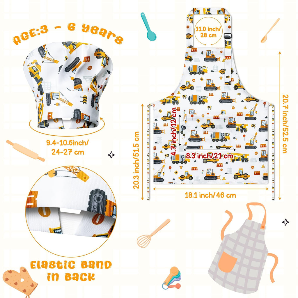 GROBRO7 4Pcs Kids Apron and Chef Hat Set Gift for Girls Boys, Dinosaurs Construction Vehicles Adjustable Kitchen Cooking Child Aprons with 2 Pockets Waterproof Smocks for Baking Painting Crafting