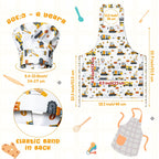 GROBRO7 4Pcs Kids Apron and Chef Hat Set Gift for Girls Boys, Dinosaurs Construction Vehicles Adjustable Kitchen Cooking Child Aprons with 2 Pockets Waterproof Smocks for Baking Painting Crafting