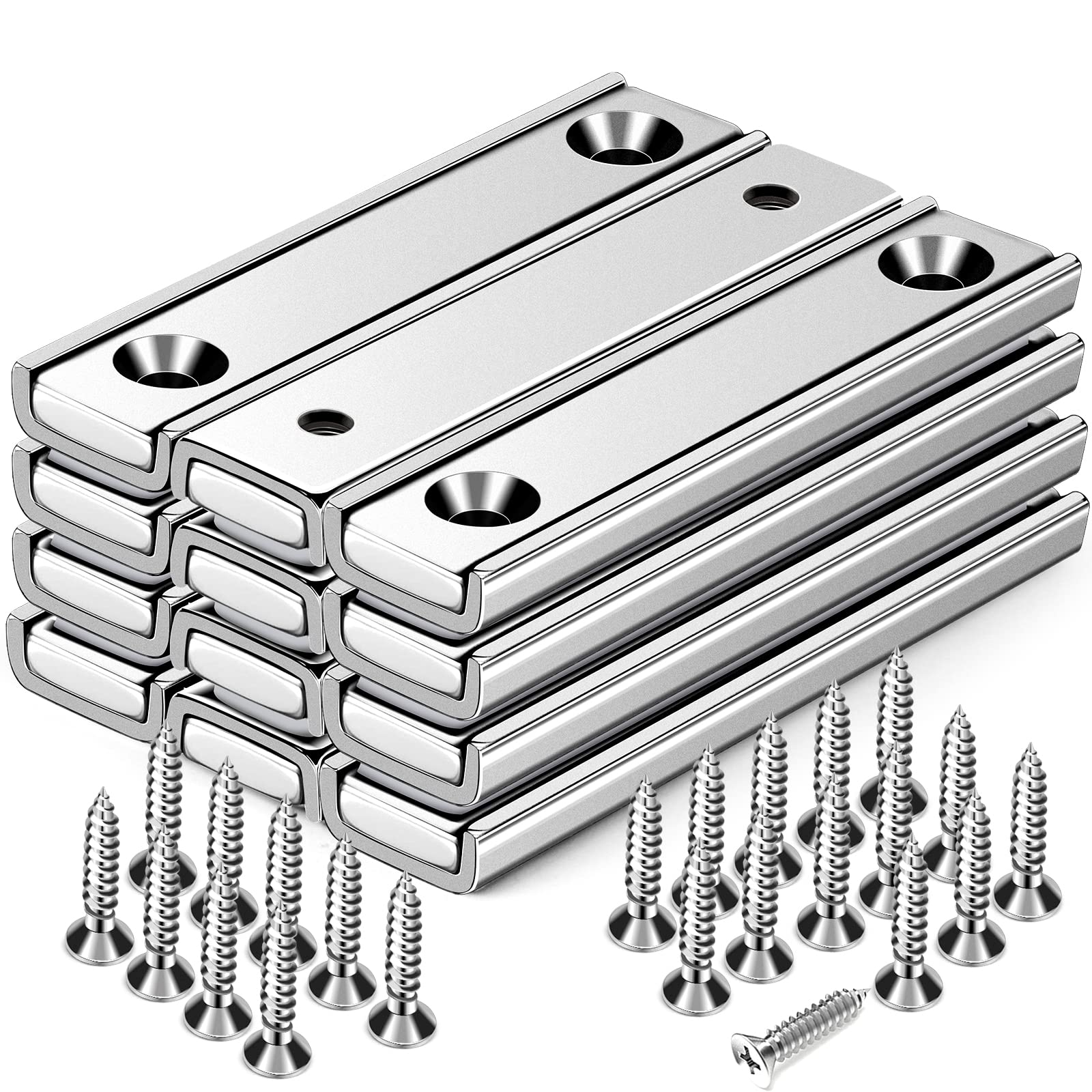 Strong Neodymium Rectangular Pot Magnets with Counter Bore, 70LBS(25 KG) Pulling Force Countersunk Hole Magnets with Mounting Screws - 60x13.5x5mm, Pack of 12