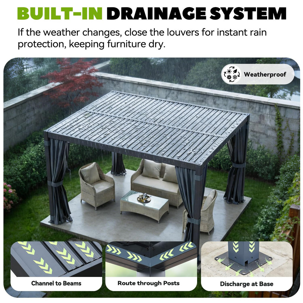 MELLCOM 10x12 Louvered Pergola Adjustable Roof w/Curtains & Mesh