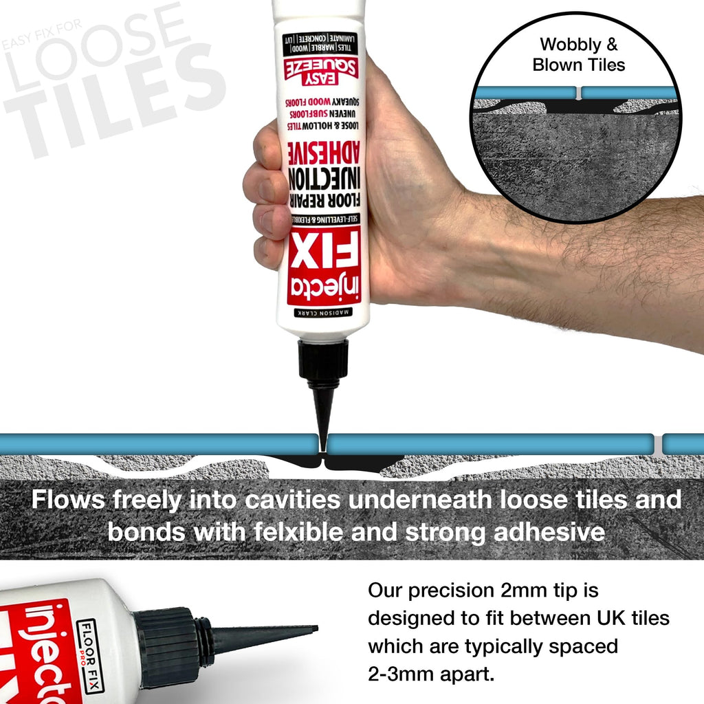 Floor-Fix Pro Easy Squeeze - Extra Strength Adhesive - Fix Loose & Hollow Tiles, Squeaky Wood & Laminate - Includes Built in 5/64” Syringe Tip - No Sealant Gun Required (10.1 Fl Oz)