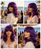 Mxayhnajxl Dark Purple Wigs with Bangs for Women 14 Inch Short Wavy Bob Wigs Synthetic Bob Wig Curly Wig Heat Resistant Colorful Wavy Wig Cosplay Wigs For Daily Party Halloween