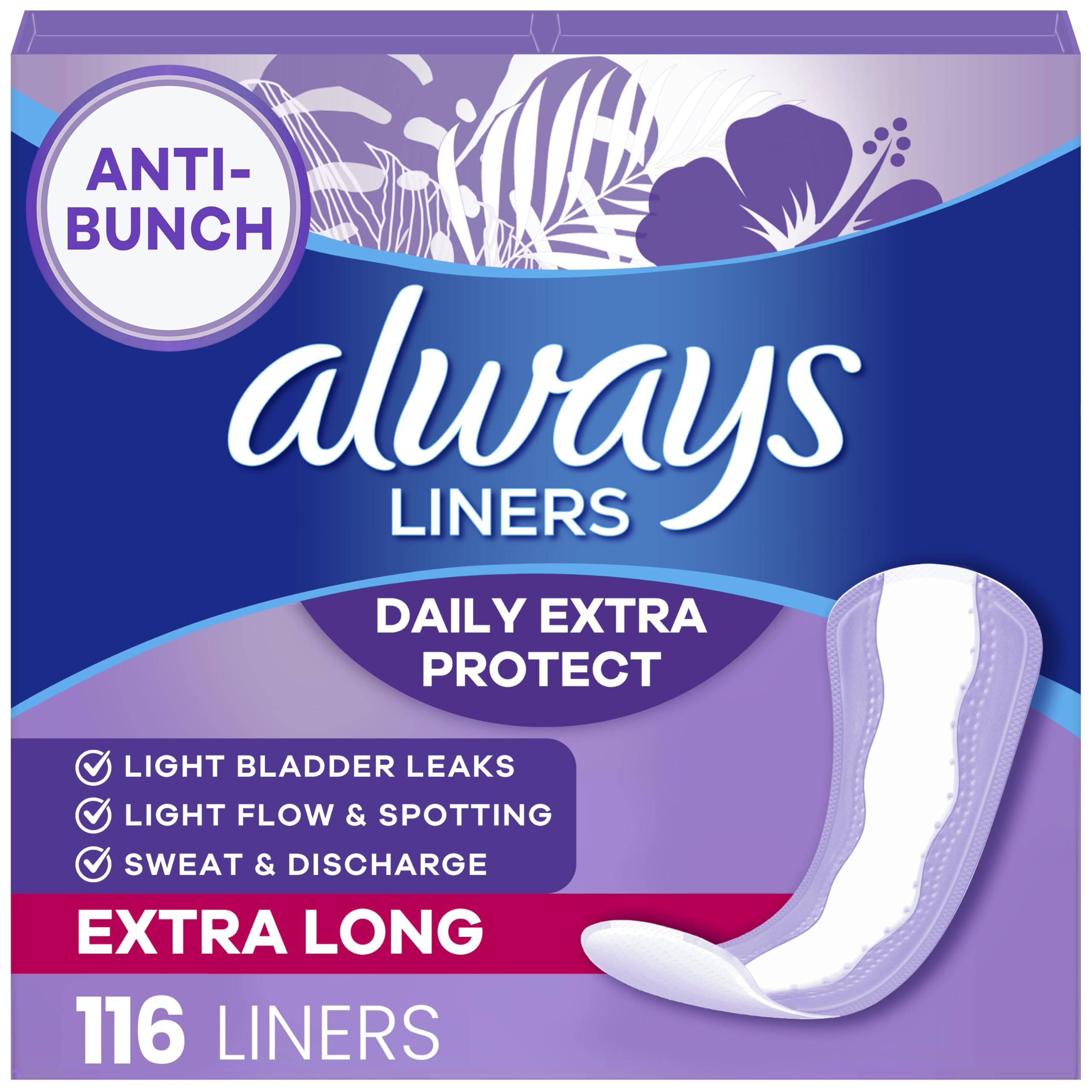 Always Panty Liners for Women Anti-Bunch Xtra Protection Daily Liners, Extra Long, Unscented, 116 Count