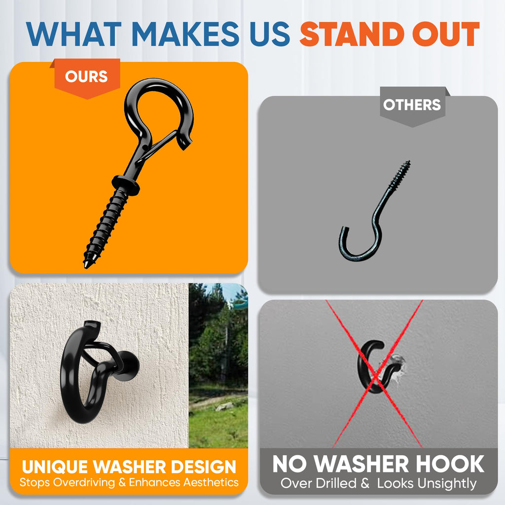 [HIGH-WORKLOAD] 200Lbs 4 Pcs Q-Hanger Hooks M8 with Washer & Safety Buckle, Heavy Duty 5’’ Windproof Screw Hooks for Hanging Plants, Yoga, Lights, Indoor & Outdoor Uses-Expansion Tubes, Screwdriver