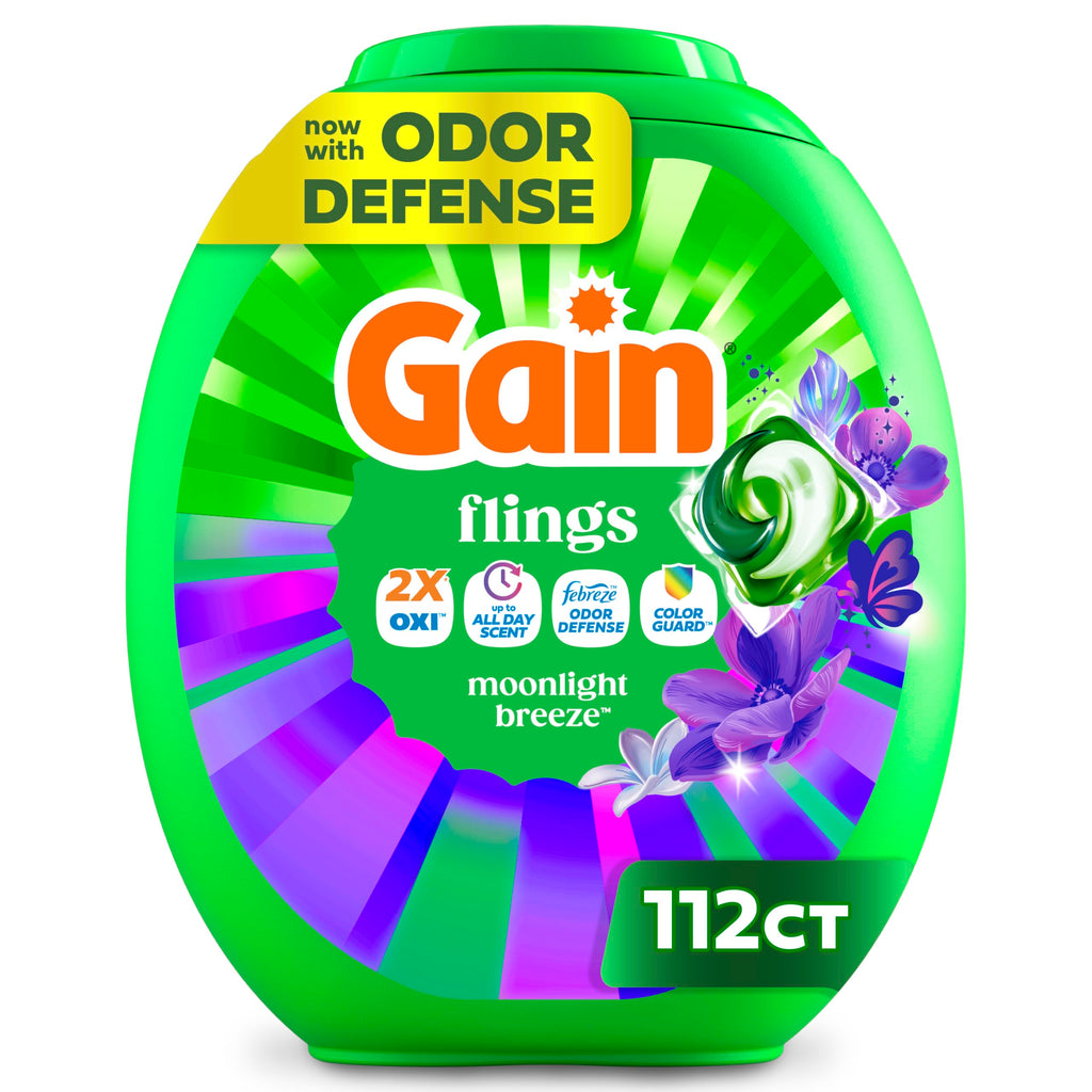 Gain Flings Laundry Detergent Pods Odor Defense + Color Guard, Moonlight Breeze Scent, 4-in-1 Liquid Laundry Detergent Pacs with Oxi Boost and Febreze, 112 Count (Packaging May Vary)