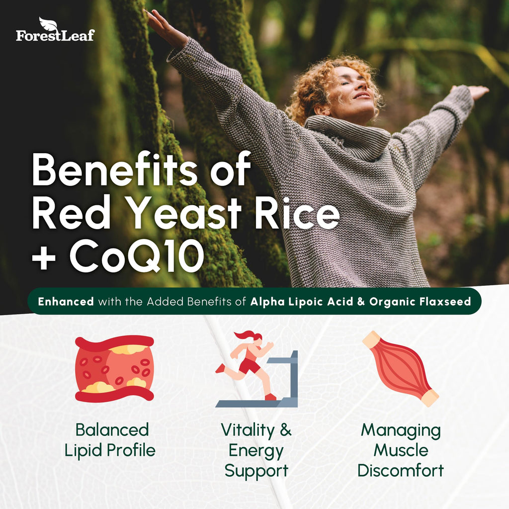 ForestLeaf Red Yeast Rice with CoQ10 Supplement - 1215mg Extra Strength Red Yeast Rice Capsules with Alpha Lipoic Acid & Organic Flaxseed, Citrinin Free - 180 Capsules